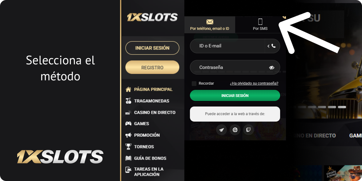 Elige el método, por correo electrónico o por redes sociales - Iniciar sesión en 1xSlots Argentina